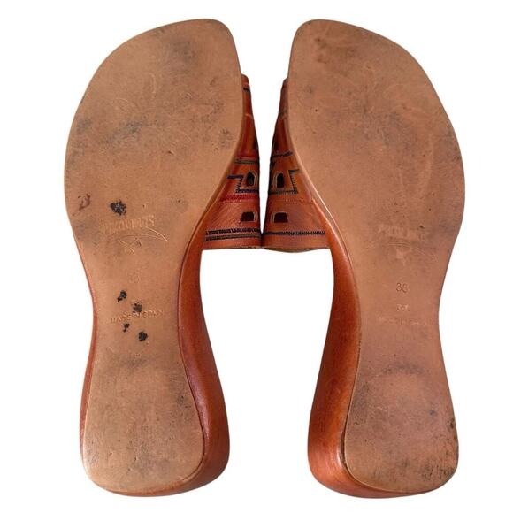 Pikolinos Leather Sandals Caramel Aztec Cutout Low Wedge Slides Size 7/38 - Picture 7 of 8
